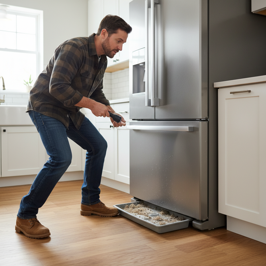 A homeowner pulling out a refrigerator to access and clean the drain pan, a common source of bad odors.