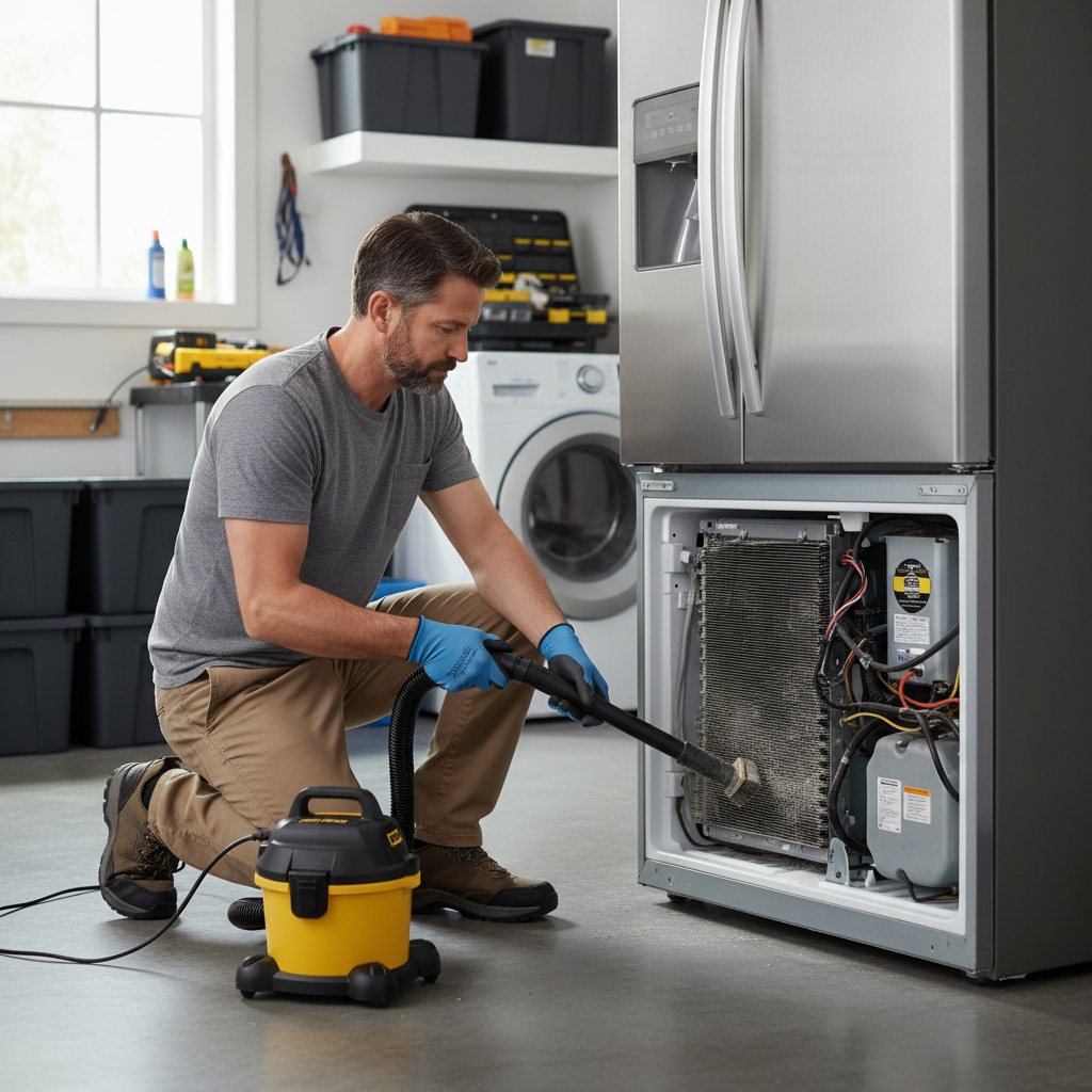 Homeowner cleaning dusty refrigerator condenser coils to reduce vibration noise