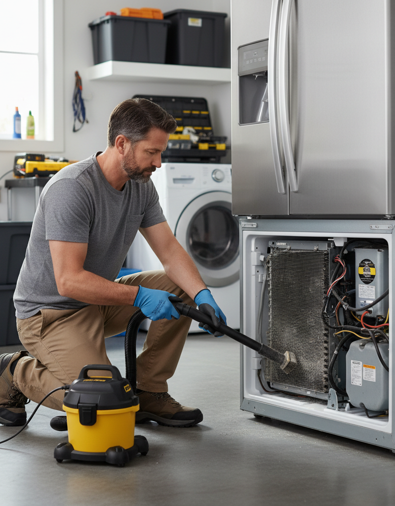 Homeowner cleaning dusty refrigerator condenser coils to reduce vibration noise