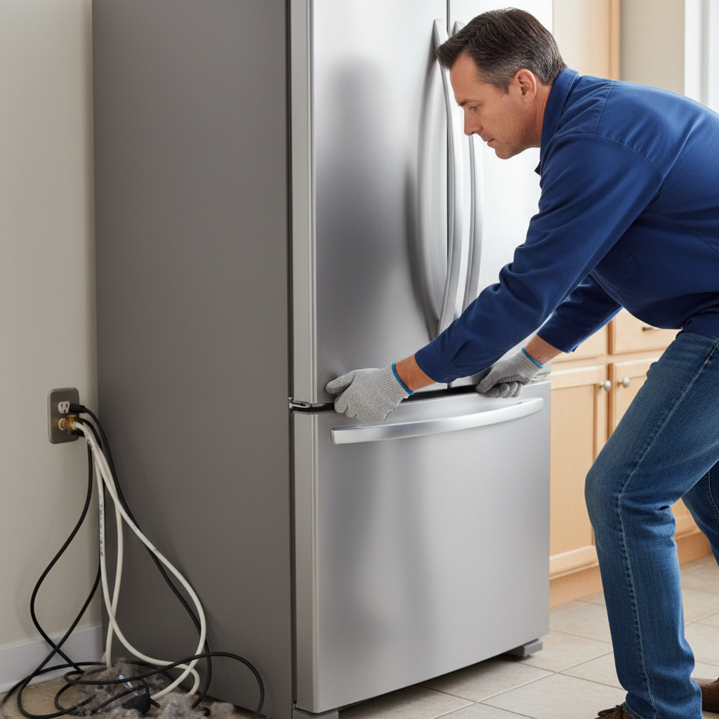 Man troubleshooting a refrigerator water dispenser issue by pulling the fridge out and replacing the water filter.