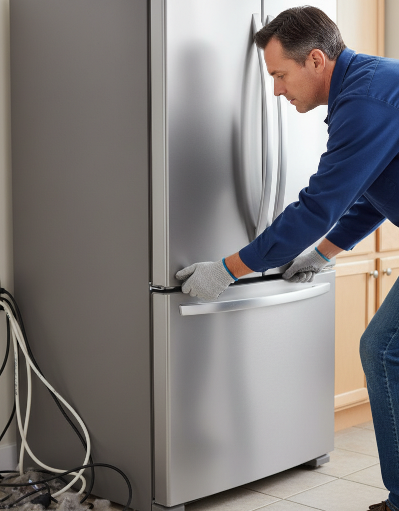 Man troubleshooting a refrigerator water dispenser issue by pulling the fridge out and replacing the water filter.