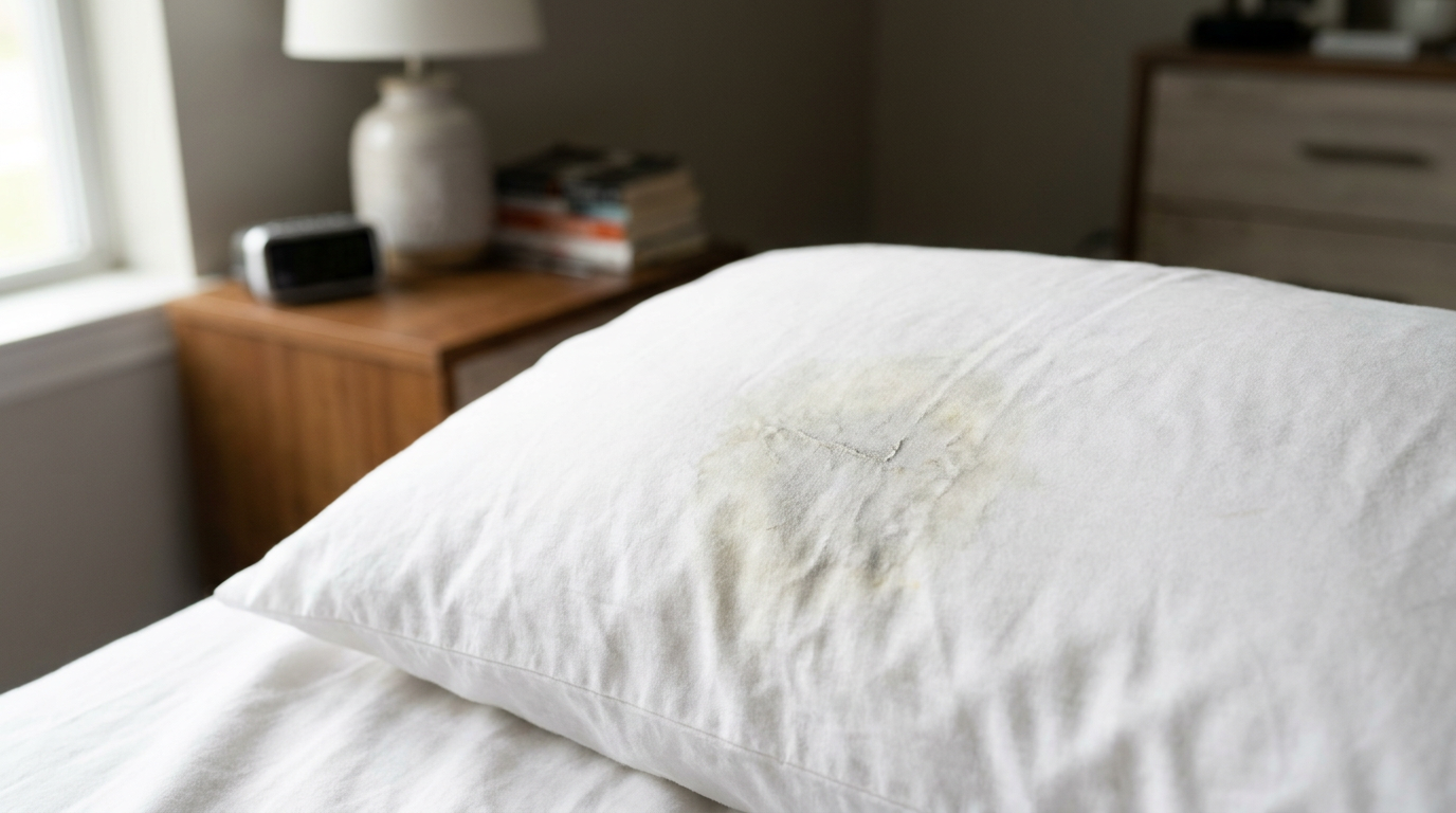 A close-up of a greasy, gray body oil stain on a white pillowcase before cleaning.