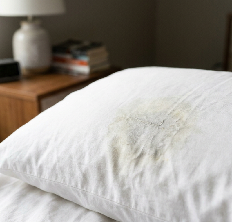 A close-up of a greasy, gray body oil stain on a white pillowcase before cleaning.