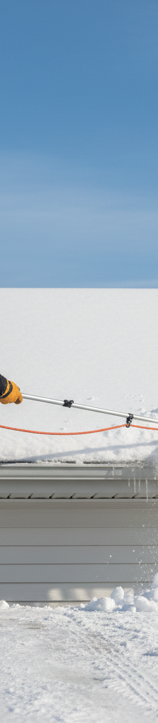 Homeowner safely removing snow from a roof with a roof rake to prevent ice dams.