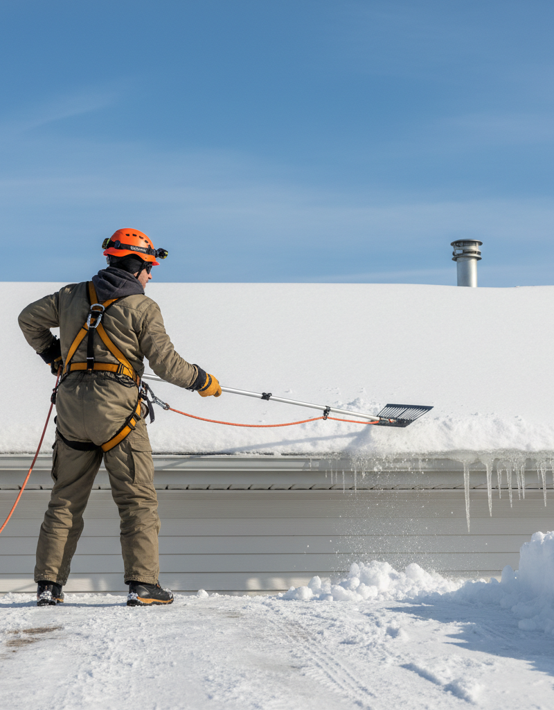 Homeowner safely removing snow from a roof with a roof rake to prevent ice dams.