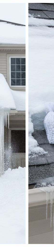 Homeowner safely removing snow and ice dams from a roof using a roof rake and calcium chloride.
