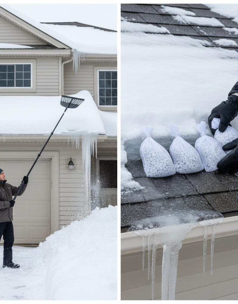 Homeowner safely removing snow and ice dams from a roof using a roof rake and calcium chloride.