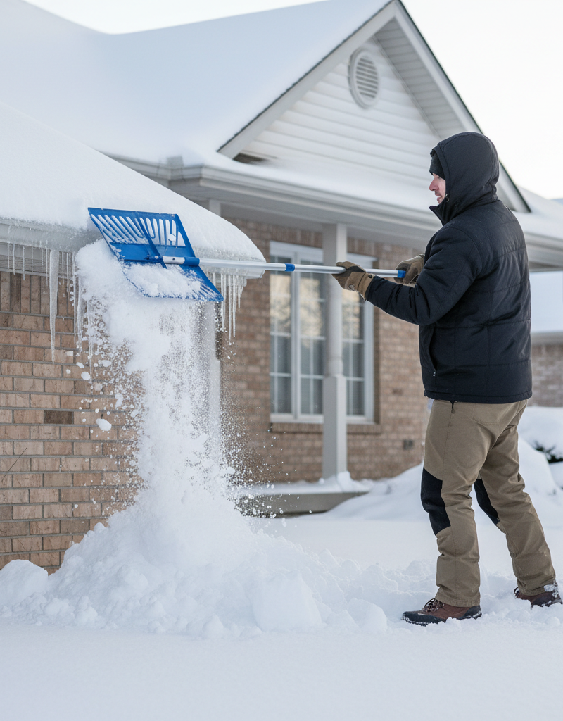 Homeowner safely removing snow from a roof edge with an extendable roof rake to address an ice dam.
