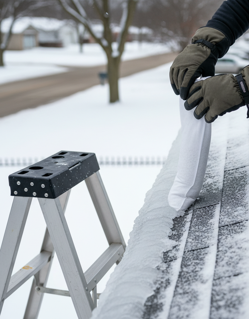 Homeowner safely placing a calcium chloride sock on an ice dam to melt it.
