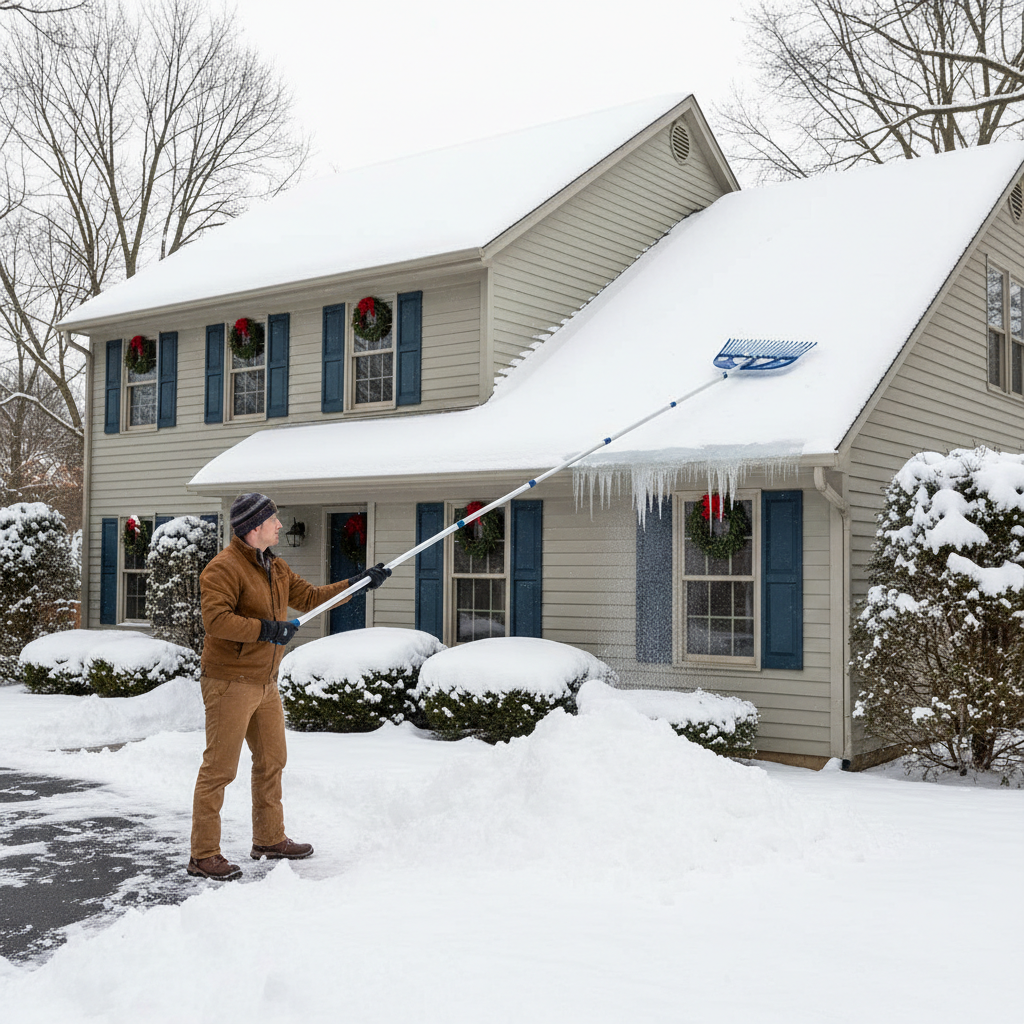 Homeowner safely clearing snow from a roof edge with a long-handled roof rake to prevent ice dams.