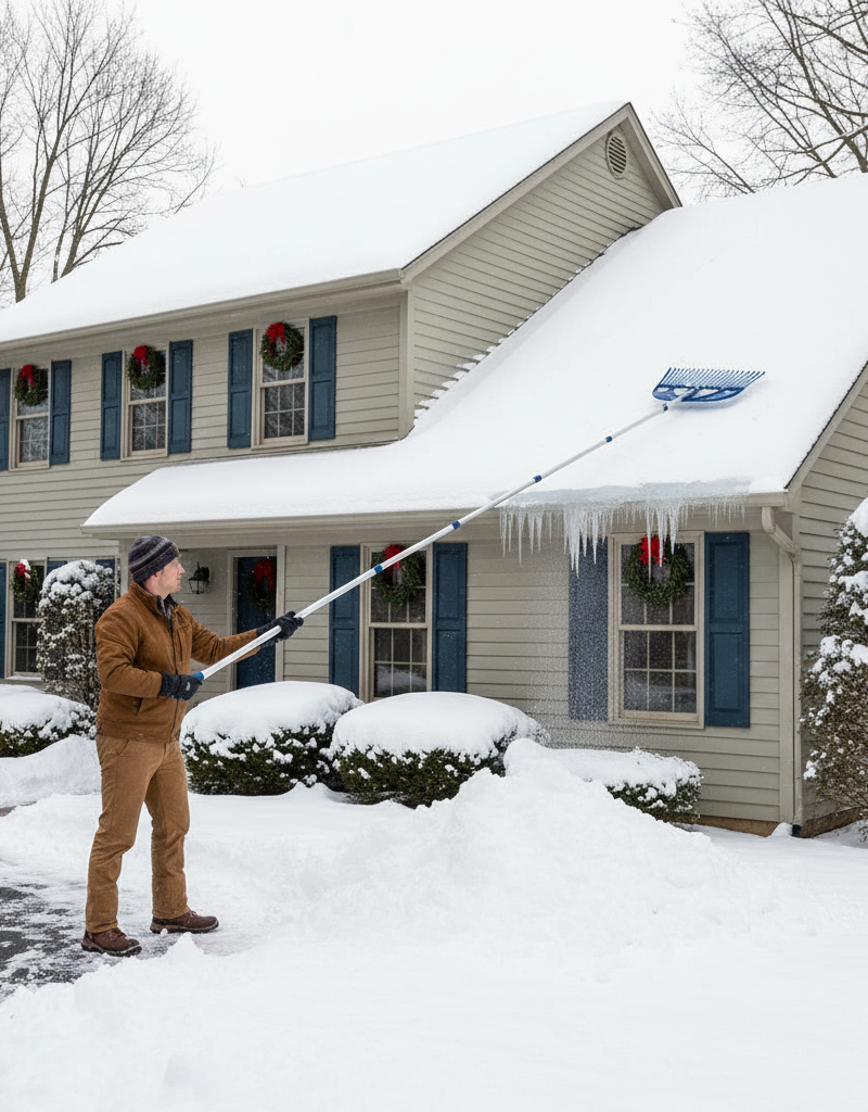 Homeowner safely clearing snow from a roof edge with a long-handled roof rake to prevent ice dams.