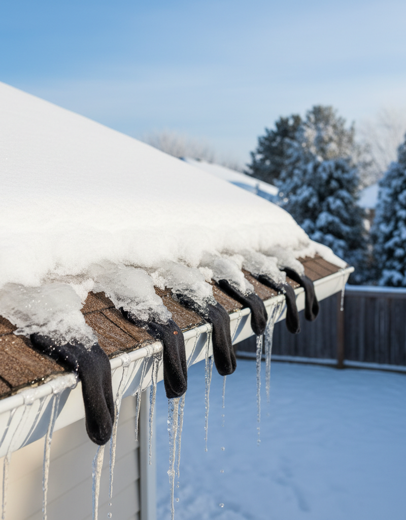 Calcium chloride ice melt in socks creating channels in a roof ice dam