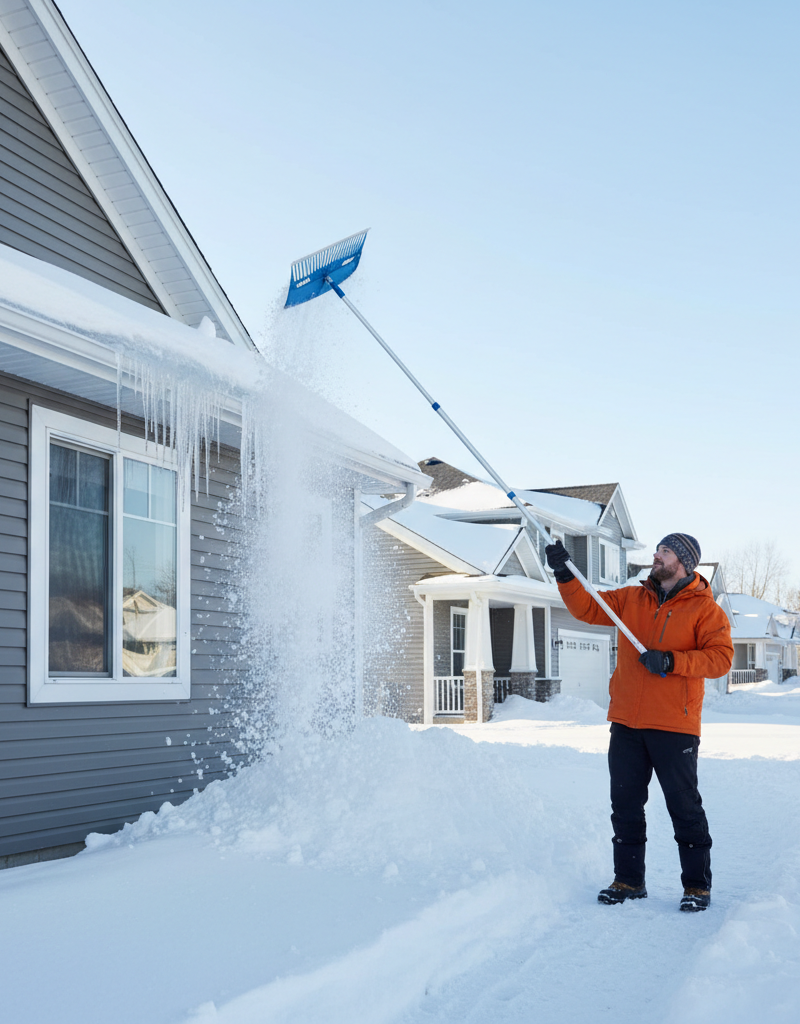 Homeowner safely removing snow from a roof with a long roof rake to prevent ice dams.