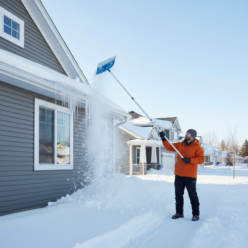 Homeowner safely removing snow from a roof with a long roof rake to prevent ice dams.