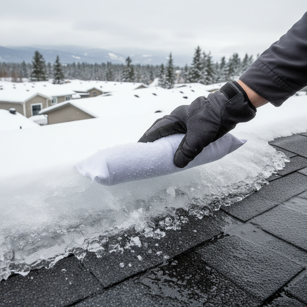 Person placing calcium chloride-filled sock on an ice dam to melt it.