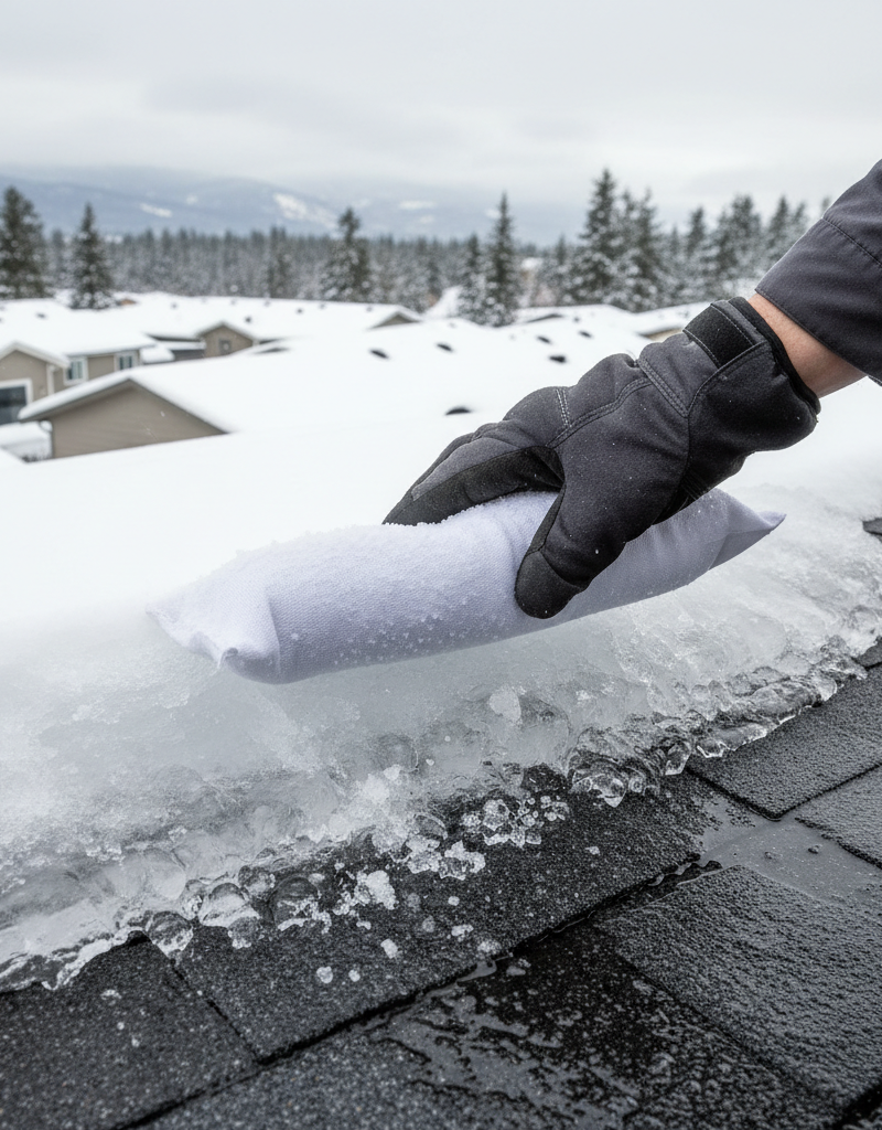 Person placing calcium chloride-filled sock on an ice dam to melt it.