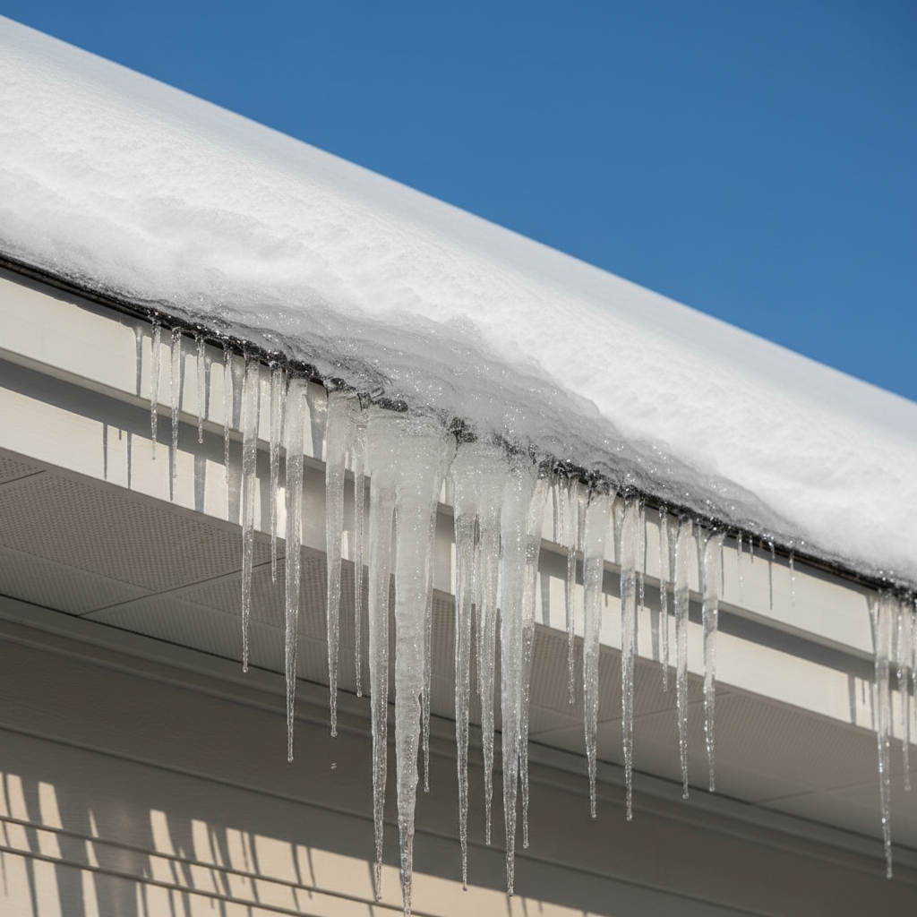Ice dam on a residential roof edge with melting snow