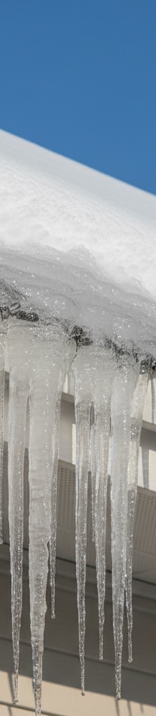 Ice dam on a residential roof edge with melting snow