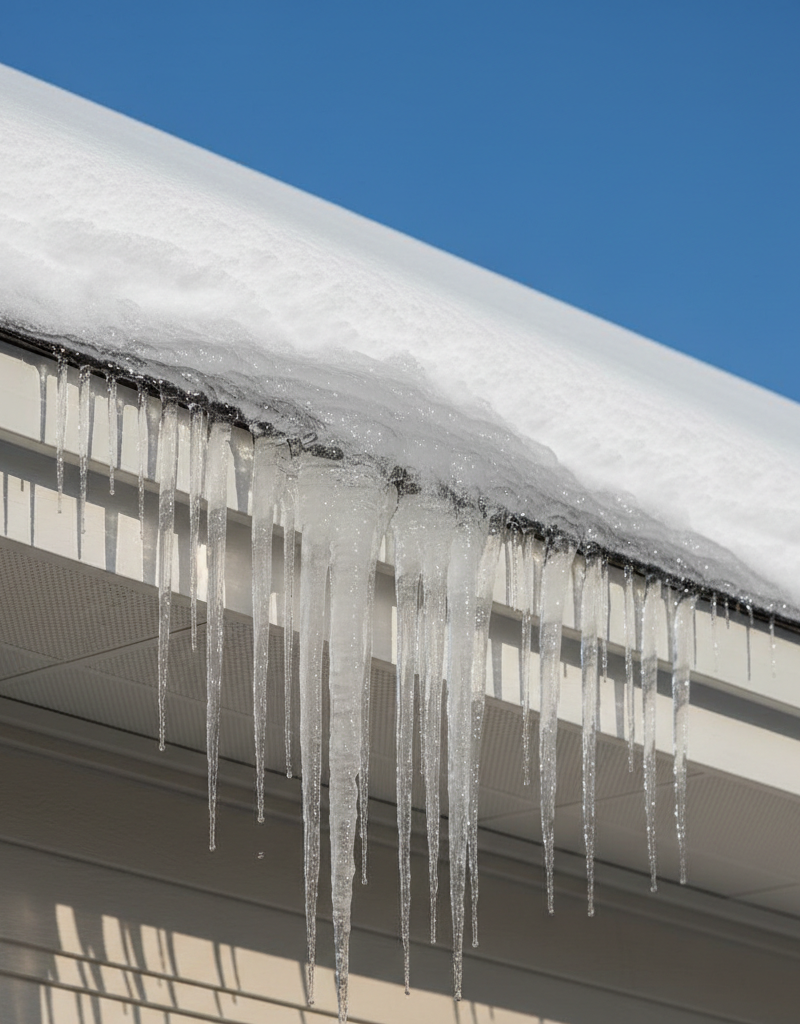 Ice dam on a residential roof edge with melting snow