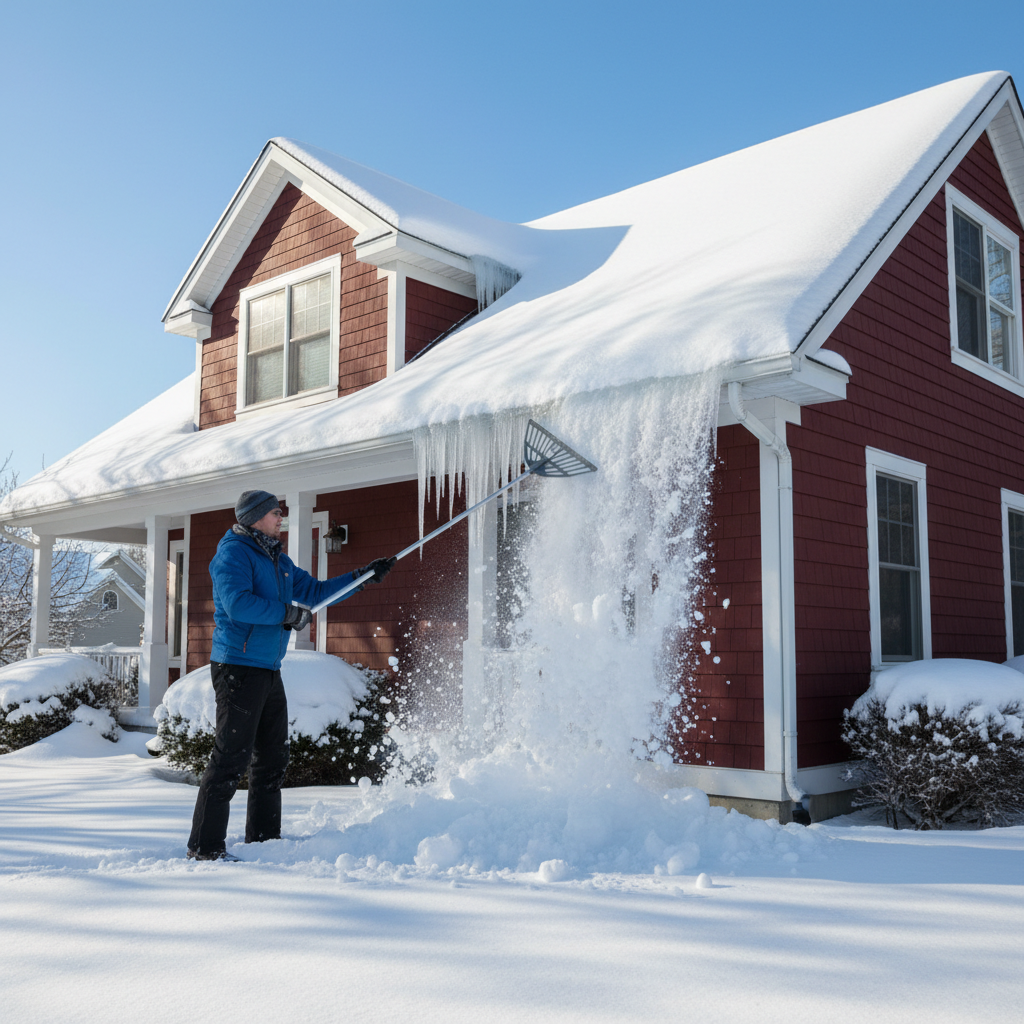 Homeowner safely removing snow from a roof with a roof rake to prevent ice dams.