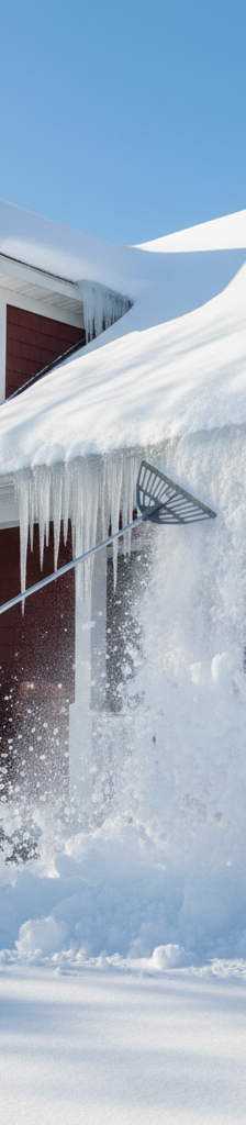 Homeowner safely removing snow from a roof with a roof rake to prevent ice dams.