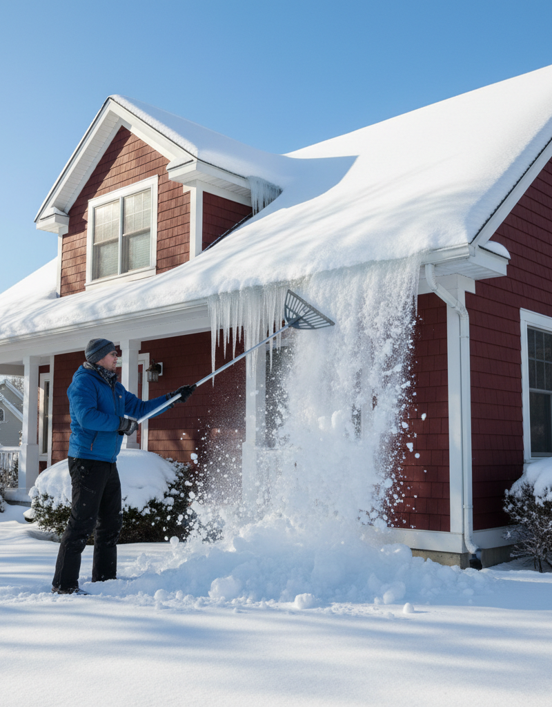 Homeowner safely removing snow from a roof with a roof rake to prevent ice dams.