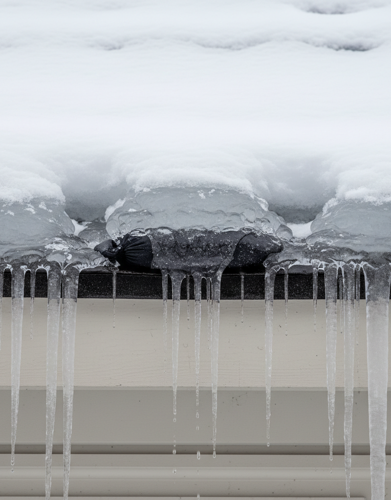 A nylon stocking filled with calcium chloride melting a channel through a large ice dam on a house roof.
