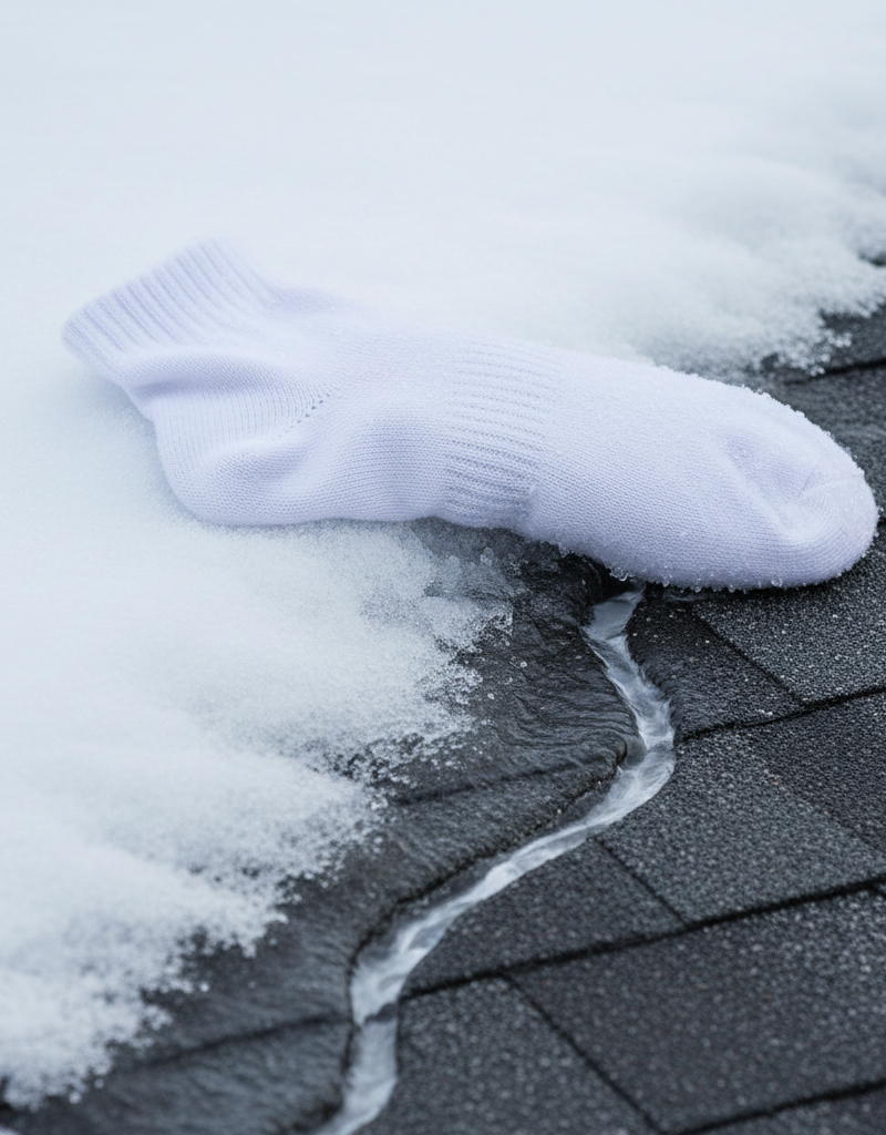 Cotton sock filled with calcium chloride melting a channel through an ice dam on an asphalt shingle roof.