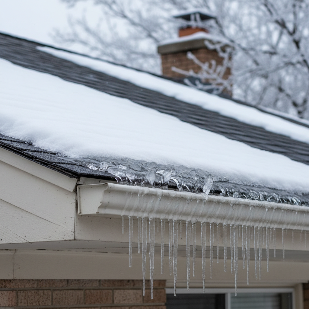 Large ice dam forming on a snow-covered roof edge, with icicles hanging from the gutter.