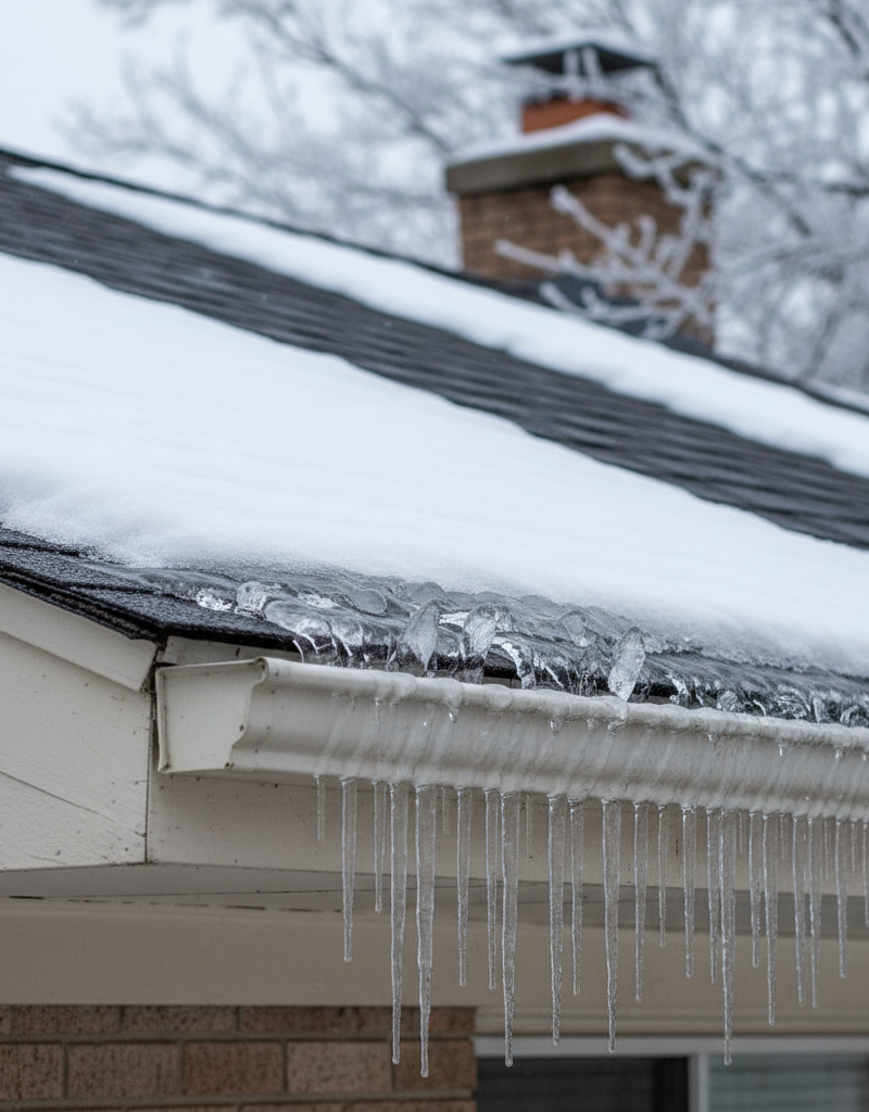 Large ice dam forming on a snow-covered roof edge, with icicles hanging from the gutter.