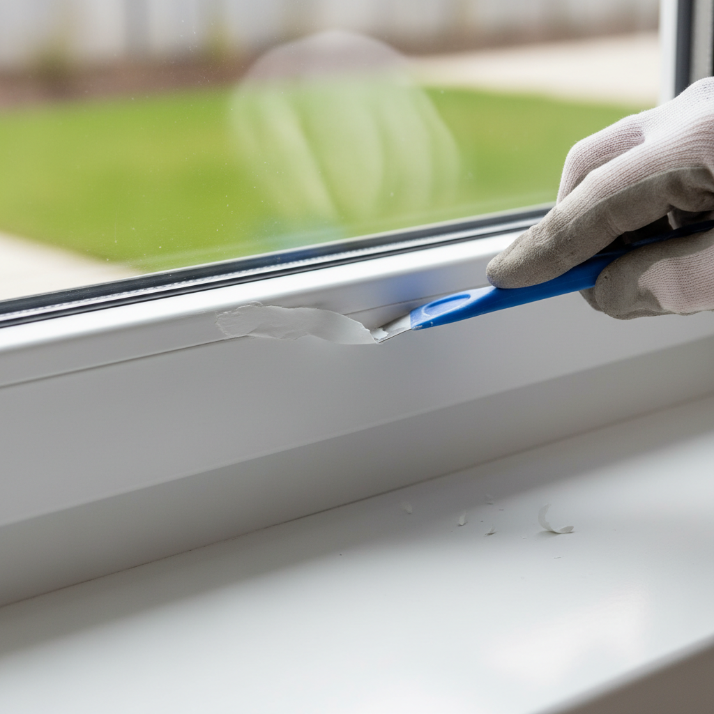 Contractor's hand gently scraping dried paint off a white plastic window frame with a plastic scraper.