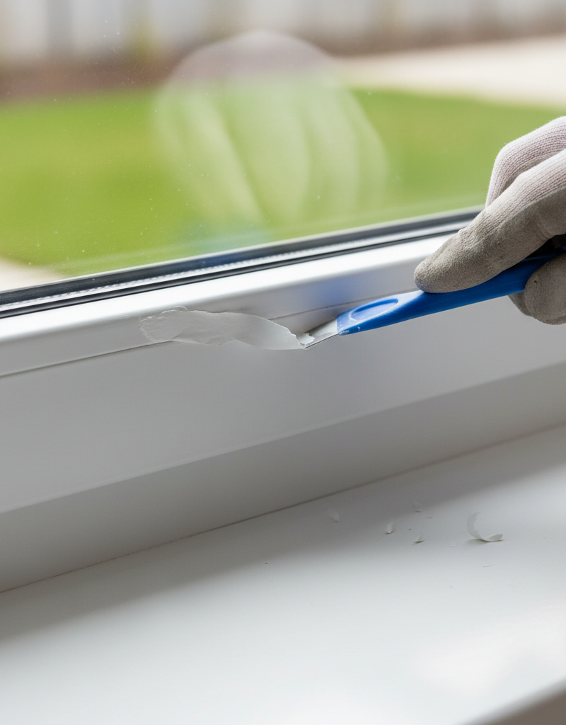 Contractor's hand gently scraping dried paint off a white plastic window frame with a plastic scraper.