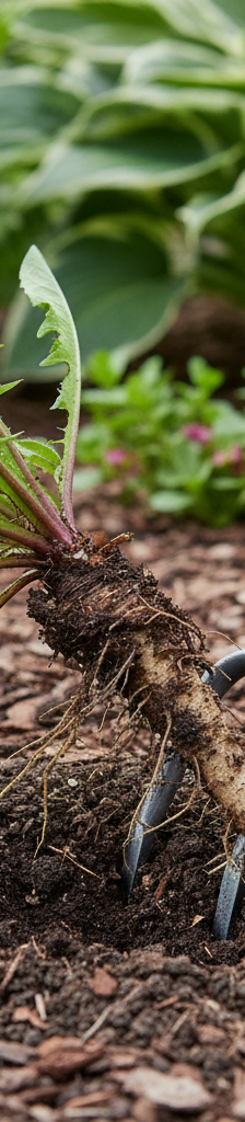 Homeowner digging out a dandelion with a specialized weeding tool, exposing the full taproot.