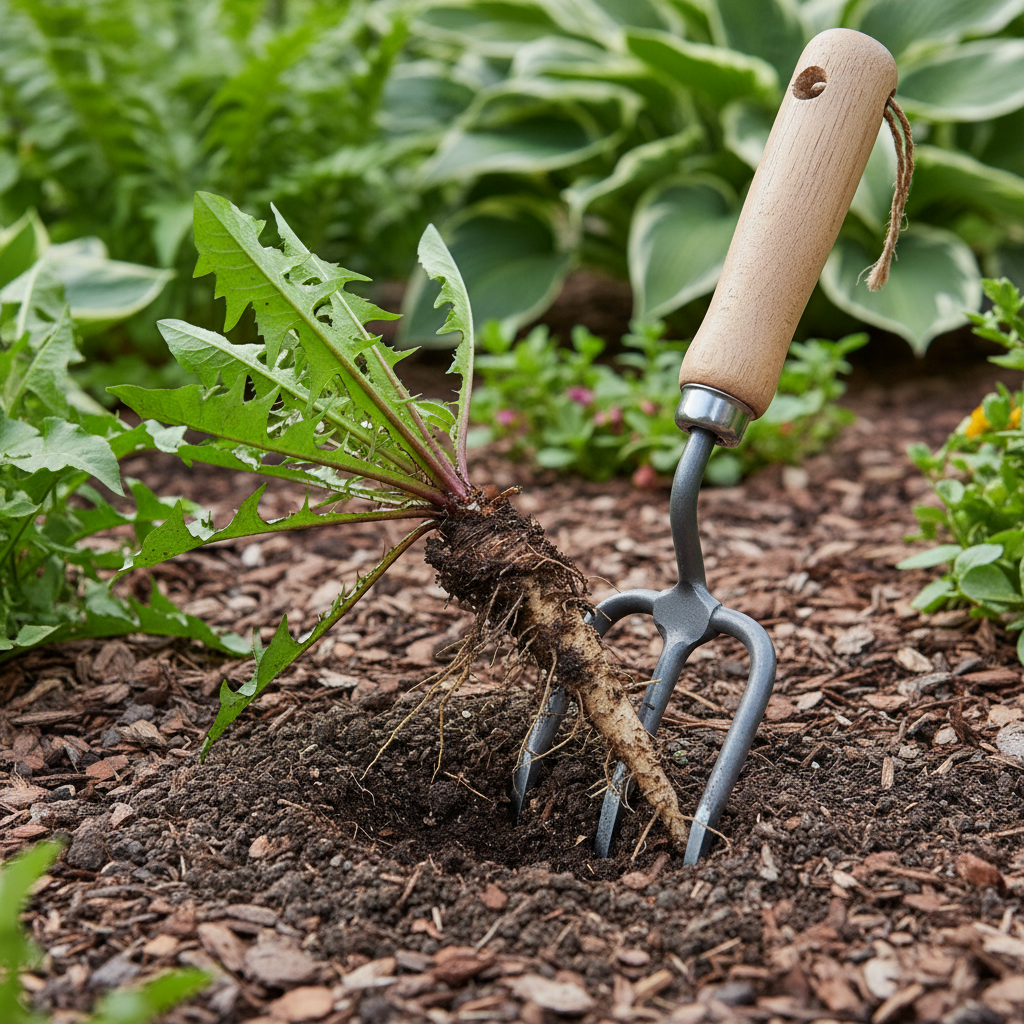 Homeowner digging out a dandelion with a specialized weeding tool, exposing the full taproot.