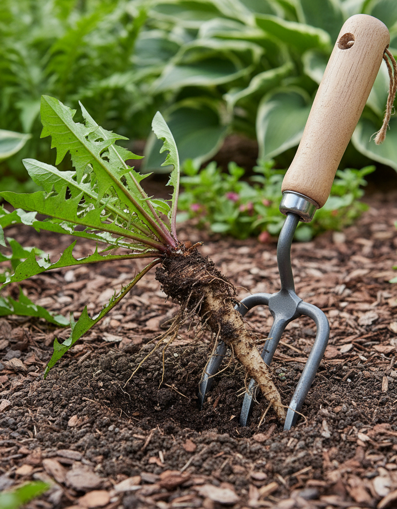 Homeowner digging out a dandelion with a specialized weeding tool, exposing the full taproot.