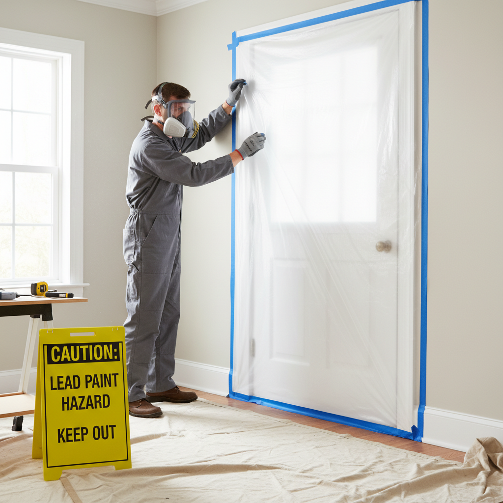 Homeowner sealing off a room with plastic sheets for lead paint renovation