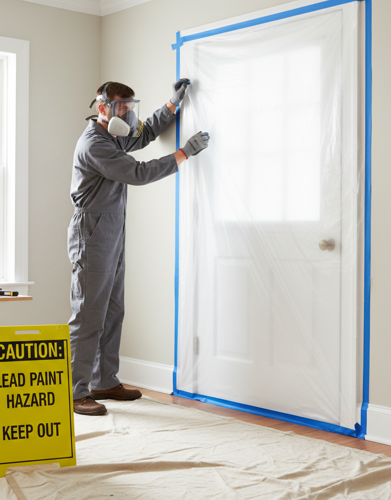 Homeowner sealing off a room with plastic sheets for lead paint renovation