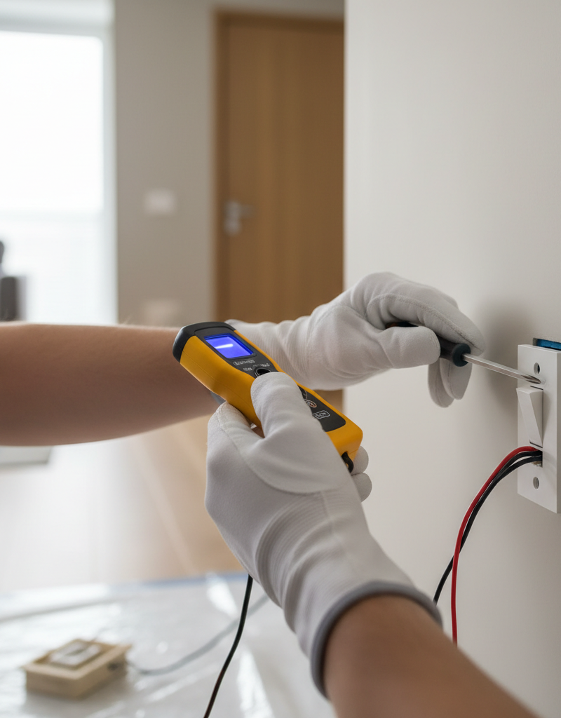 Homeowner safely replacing a dead light switch with a screwdriver and voltage tester.