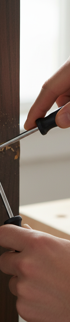Hands unscrewing a deadbolt lock on a wooden door with a Phillips screwdriver during replacement.