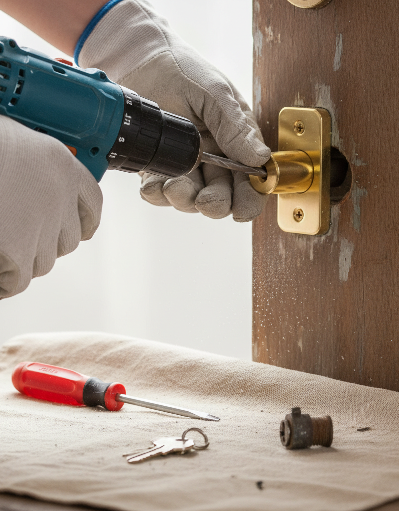 Hands installing a new silver deadbolt lock on a brown wooden door with a screwdriver.