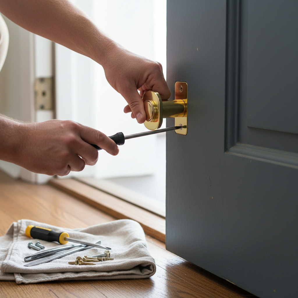 Homeowner installing a new deadbolt lock on a wooden door with a screwdriver.