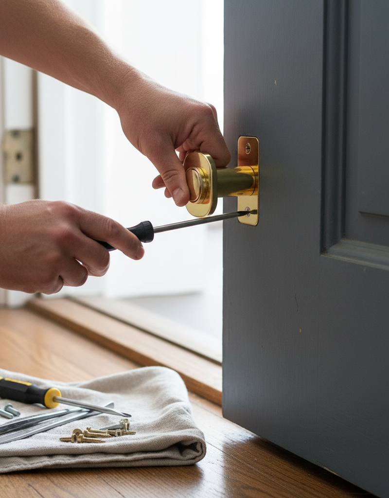 Homeowner installing a new deadbolt lock on a wooden door with a screwdriver.