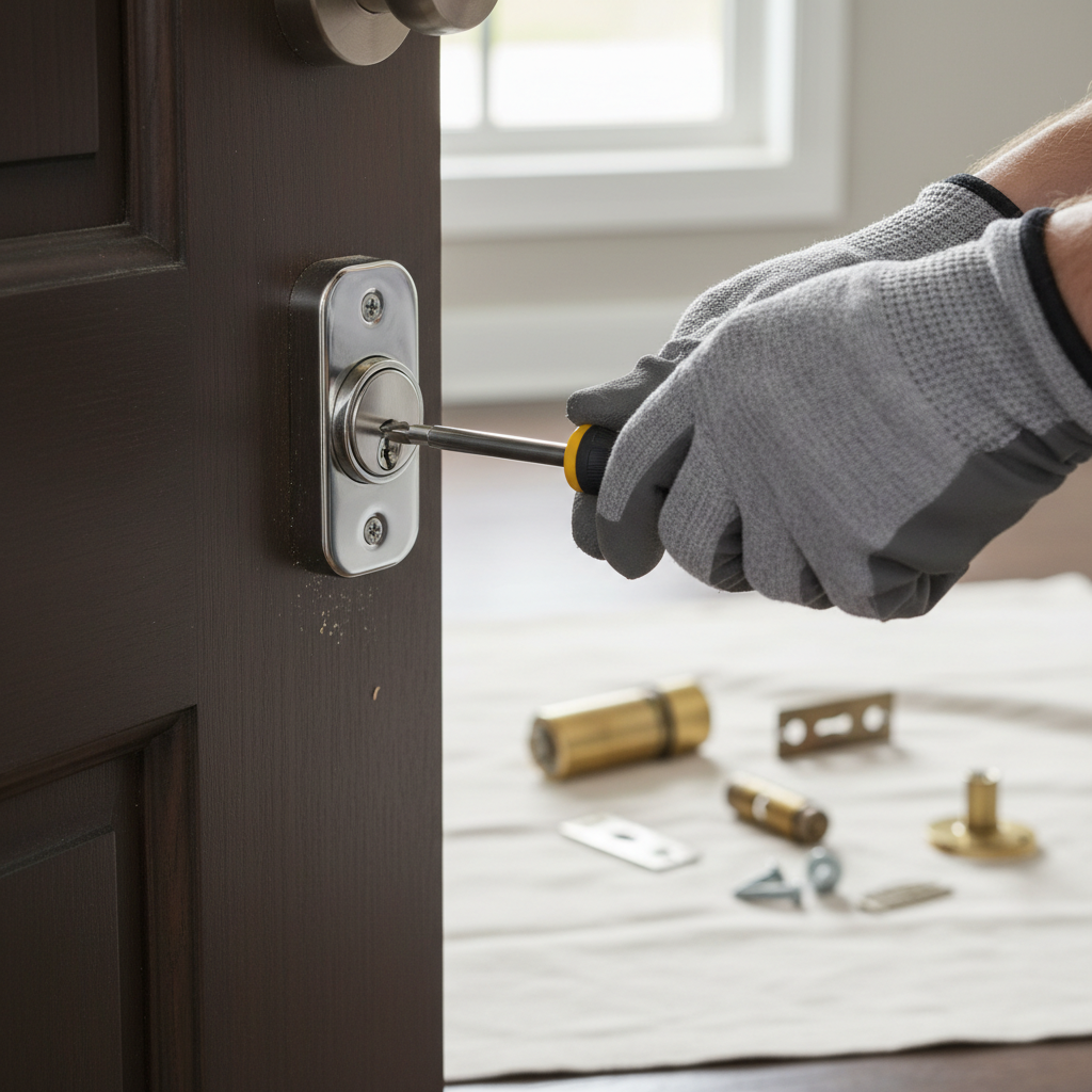 Homeowner installing a new silver deadbolt lock with a screwdriver on a wooden door, enhancing home security.
