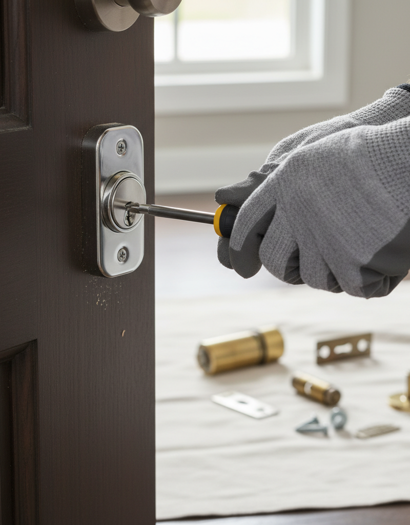Homeowner installing a new silver deadbolt lock with a screwdriver on a wooden door, enhancing home security.