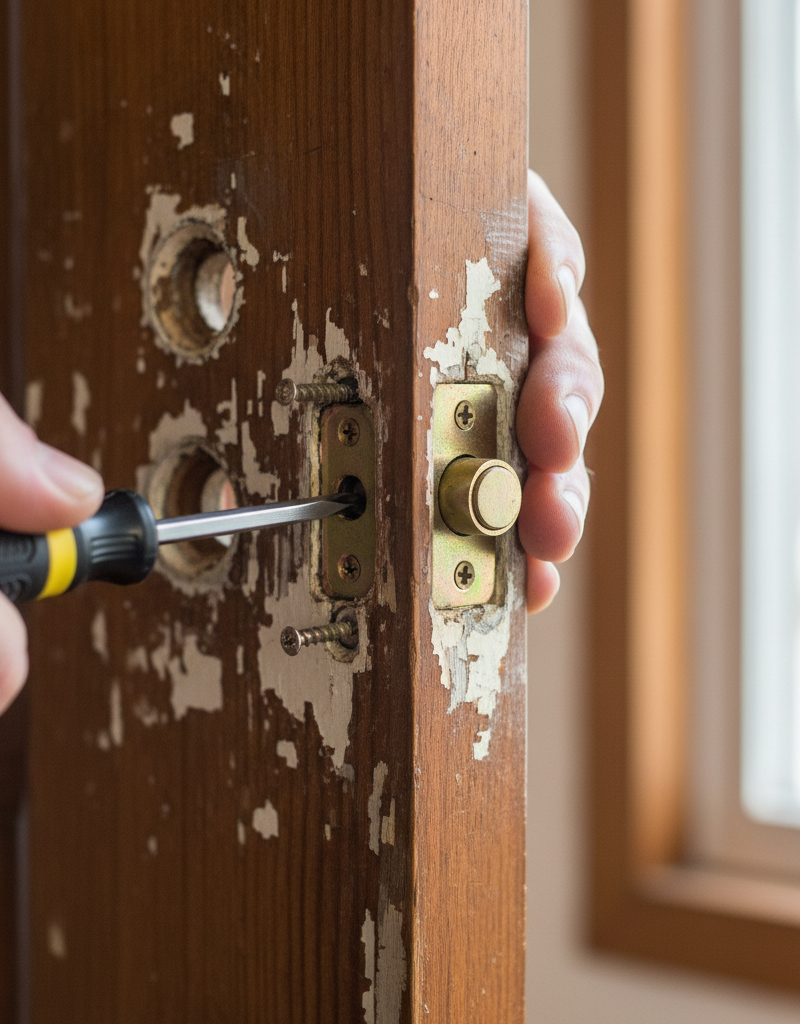 Hands unscrewing old deadbolt latch from door edge during replacement
