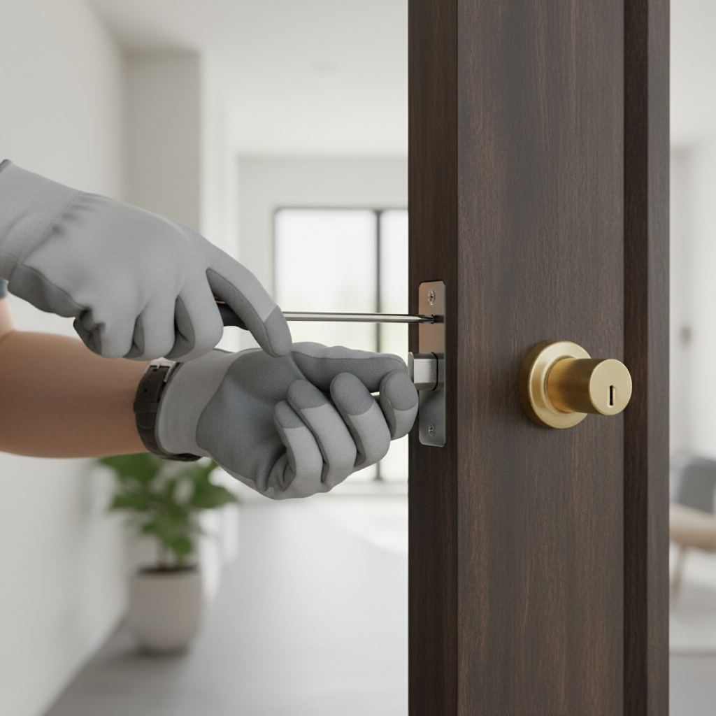 Homeowner replacing a deadbolt with a screwdriver, showing hands on the interior lock plate