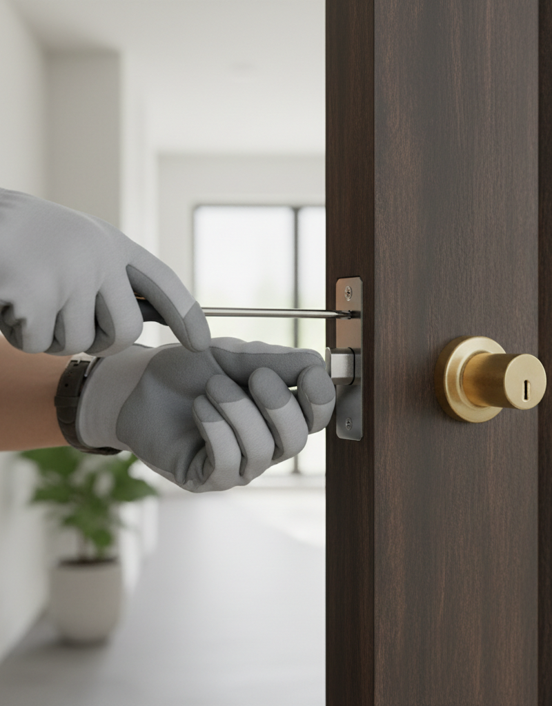 Homeowner replacing a deadbolt with a screwdriver, showing hands on the interior lock plate