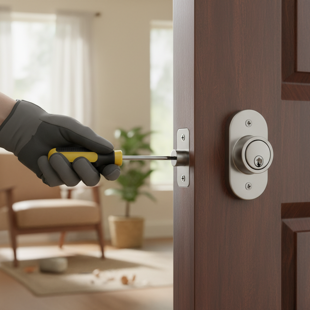 Homeowner installing new silver deadbolt lock on a dark wooden front door with a screwdriver