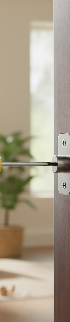 Homeowner installing new silver deadbolt lock on a dark wooden front door with a screwdriver