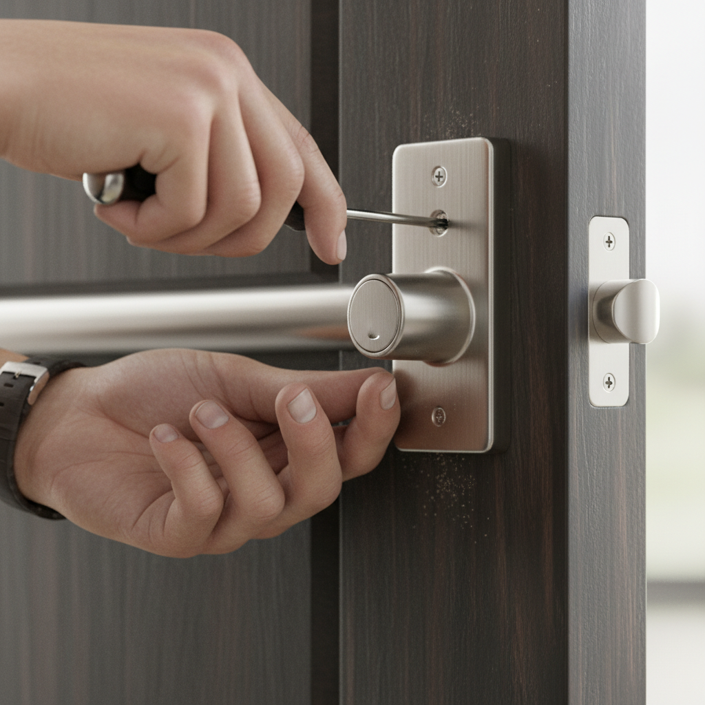 Homeowner installing a new silver deadbolt lock with a screwdriver on a dark wooden door.